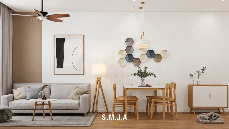 Thiết kế nội thất căn hộ Vinhomes The Origami với phòng khách liên thông bàn ăn phong cách hiện đại