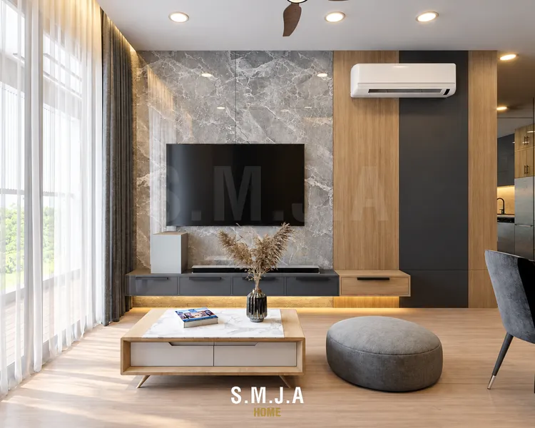 Thiết kế nội thất phòng khách căn hộ hiện đại với sofa xám, vách tivi ốp đá marble, tủ kệ gỗ treo tường và rèm cửa hai lớp