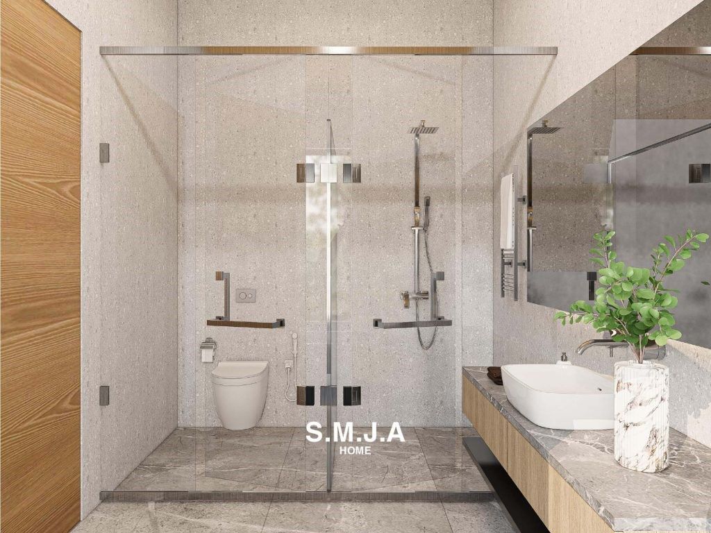 thiết kế nội thất Biệt Thự nghỉ dưỡng MADA với phòng vệ sinh thông thoáng với hệ kính ốp