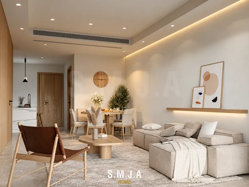 Thiết kế nội thất phòng khách căn hộ Khang Điền 2 phòng ngủ phong cách hiện đại với sofa màu be, bàn trà gỗ và vách tường trang trí tối giản