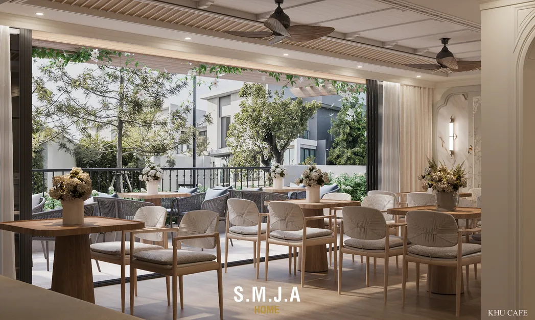 Không gian Cafe ngoài trời thoáng đãng với tầm nhìn xanh mát