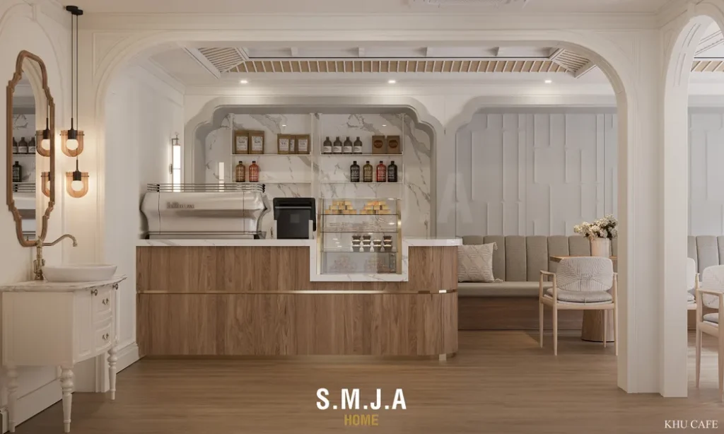 <span style="font-family: tahoma, arial, helvetica, sans-serif;">Quầy bar được thiết kế tinh tế với sự kết hợp giữa đá marble và gỗ ấm cúng</span>