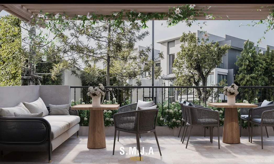 Góc sofa êm ái dưới giàn hoa, nơi lý tưởng để thư giãn và tận hưởng không khí trong lành