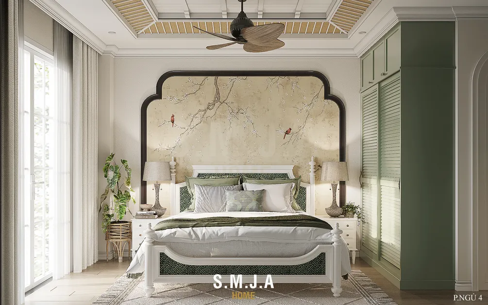 Nhấn nhá đầu giường với họa tiết cây cối và những chú chú chim với màu gạch nhẹ nhàng