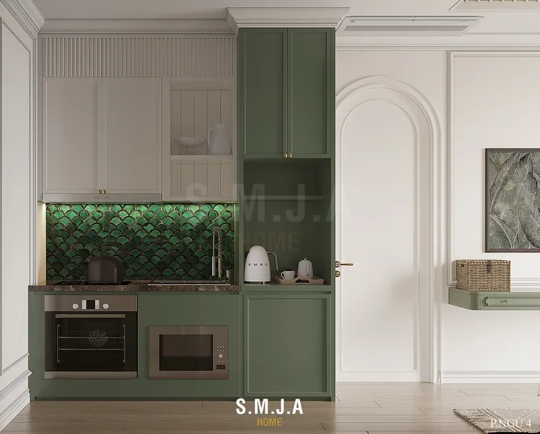 Họa tiết vảy cá (hoặc hình quạt) tạo ra sự chuyển động và chiều sâu cho bức tường