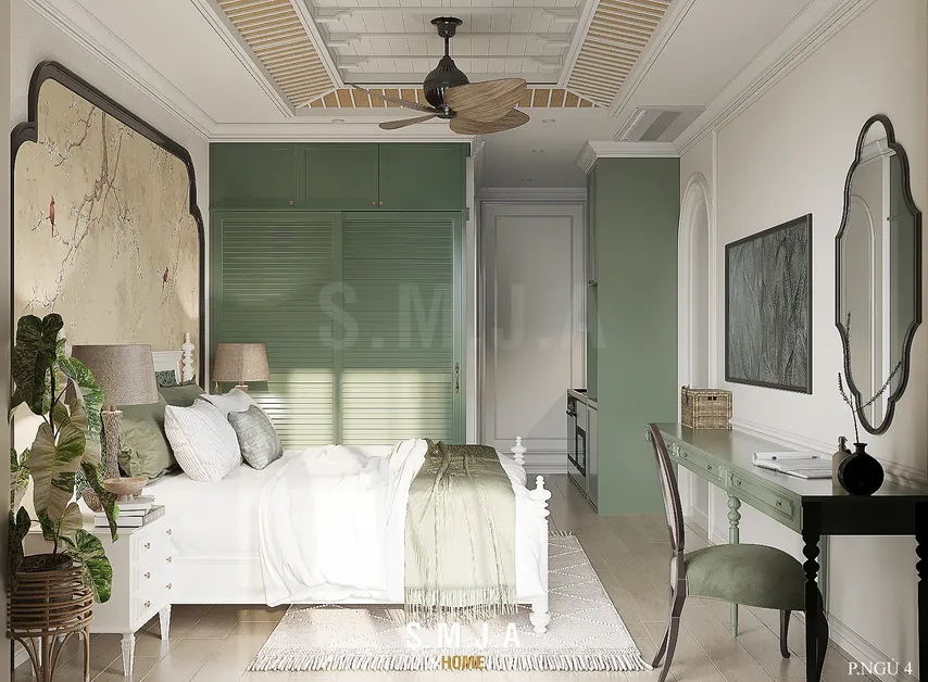 <span style="font-family: tahoma, arial, helvetica, sans-serif;">Trần nhà độc đáo với quạt trần có vây gỗ và đèn chùm thiết kế sang trọng</span>