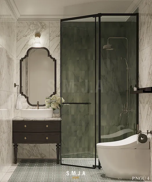 <span style="font-family: tahoma, arial, helvetica, sans-serif;">WC với vách ngăn kính hiện đại giữ cho nhà vệ sinh luôn khô thoáng</span>