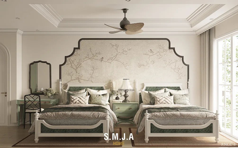 Phòng ngủ đôi được thiết kế theo phong cách Indochine với hai giường đơn, phù hợp cho mô hình lưu trú nghỉ dưỡng cao cấp