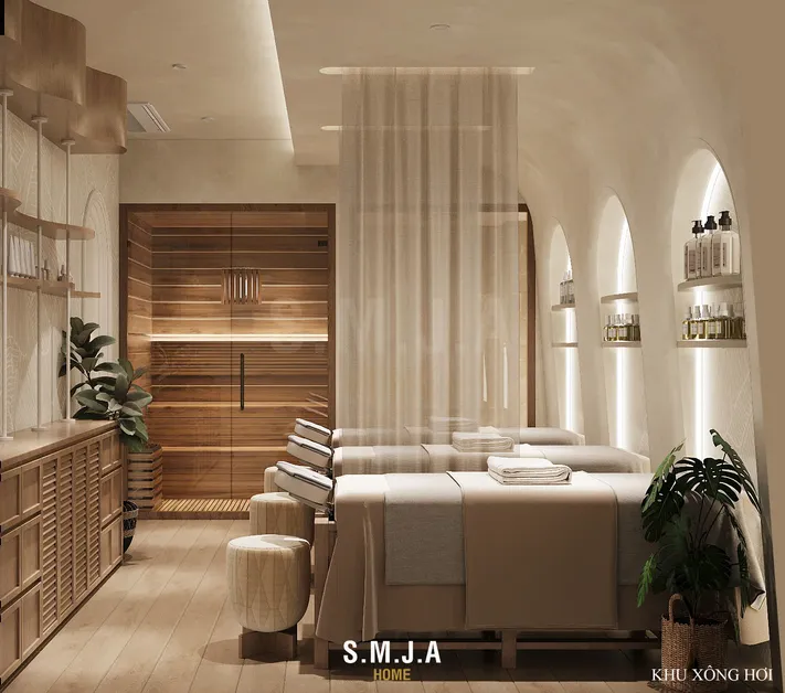 Kết hợp giường massage, phòng Sauna gỗ cao cấp và mảng xanh nhiệt đới