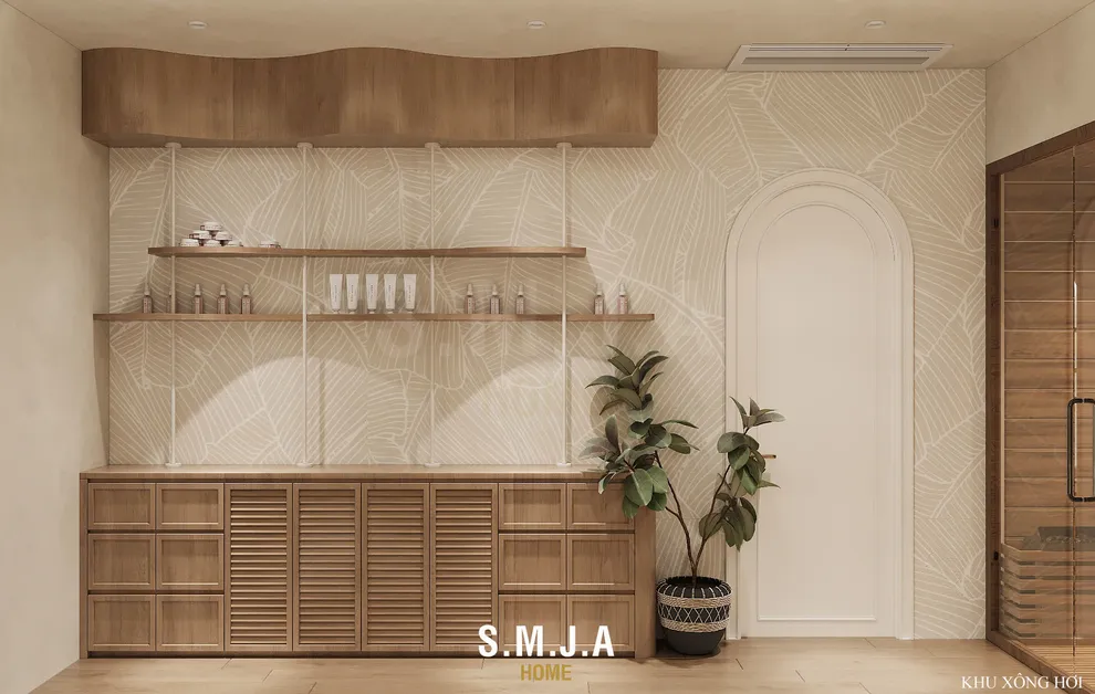 <span style="font-family: tahoma, arial, helvetica, sans-serif;">Sảnh đón khu Wellness đầy kiêu hãnh với hệ tủ gỗ sồi may đo và điểm nhấn họa tiết lá Tropical đặc trưng</span>