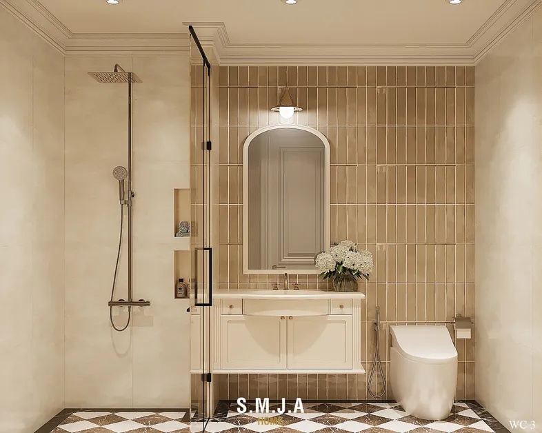 <span style="font-family: tahoma, arial, helvetica, sans-serif;">WC sang trọng tông màu kem với gương vòm và gạch thẻ ốp tường</span>