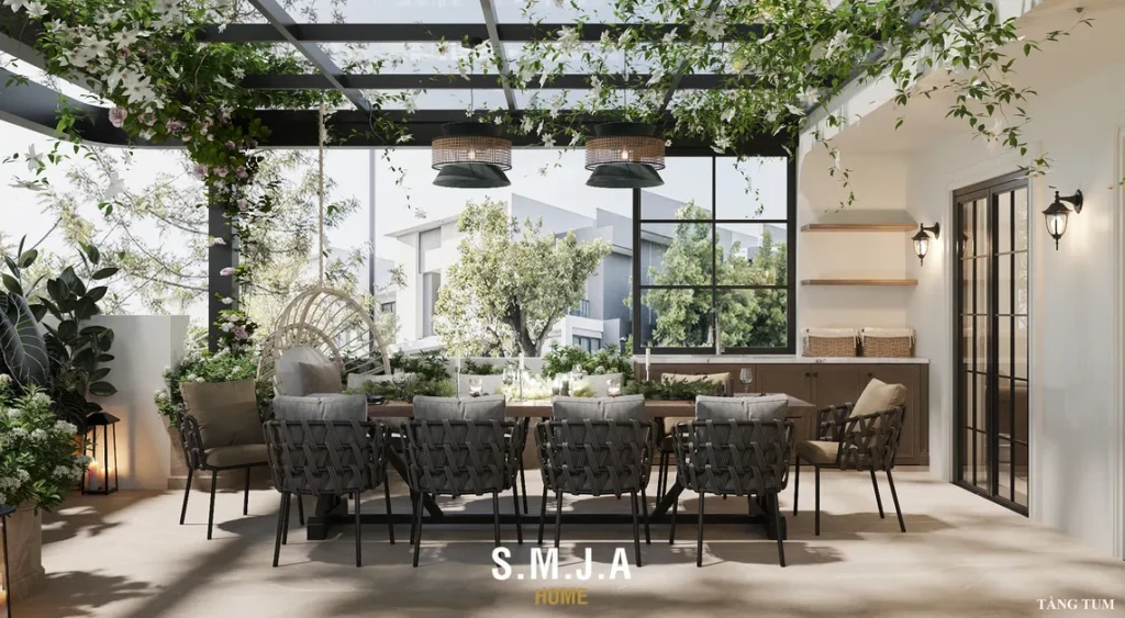 <span style="font-family: tahoma, arial, helvetica, sans-serif;">Khu vực sân thượng với bàn ăn ngoài trời, pergola phủ cây xanh và ánh sáng tự nhiên</span>