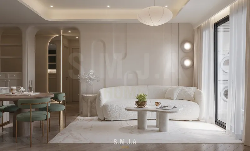 Thiết kế nội thất phòng khách căn hộ hiện đại, sang trọng với tông màu kem chủ đạo, sofa bọc vải cao cấp và bàn trà uốn lượn nghệ thuật.