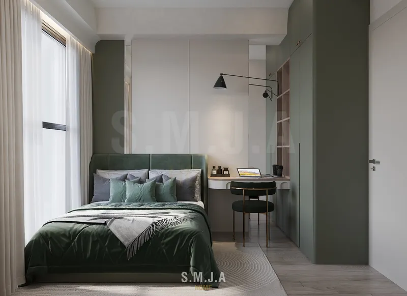 Thiết kế nội thất phòng ngủ thứ hai căn hộ Victoria Village 70m2 theo phong cách hiện đại, tối giản.