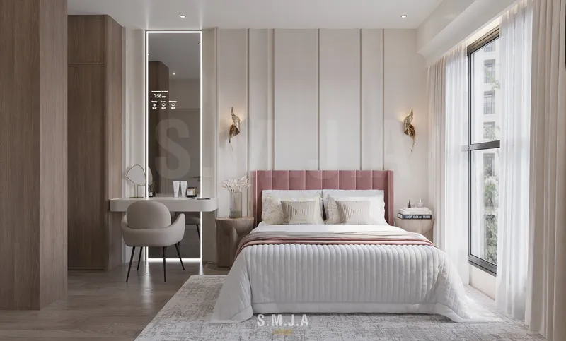 Thiết kế nội thất phòng ngủ căn hộ Victoria Village với tông màu beige, giường bọc nệm và hệ tủ gỗ tối giản.