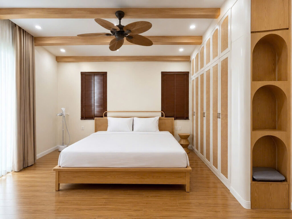 Thiết kế nội thất phòng ngủ master hiện đại, ấm cúng với tông màu gỗ tự nhiên do SMJA Home thực hiện