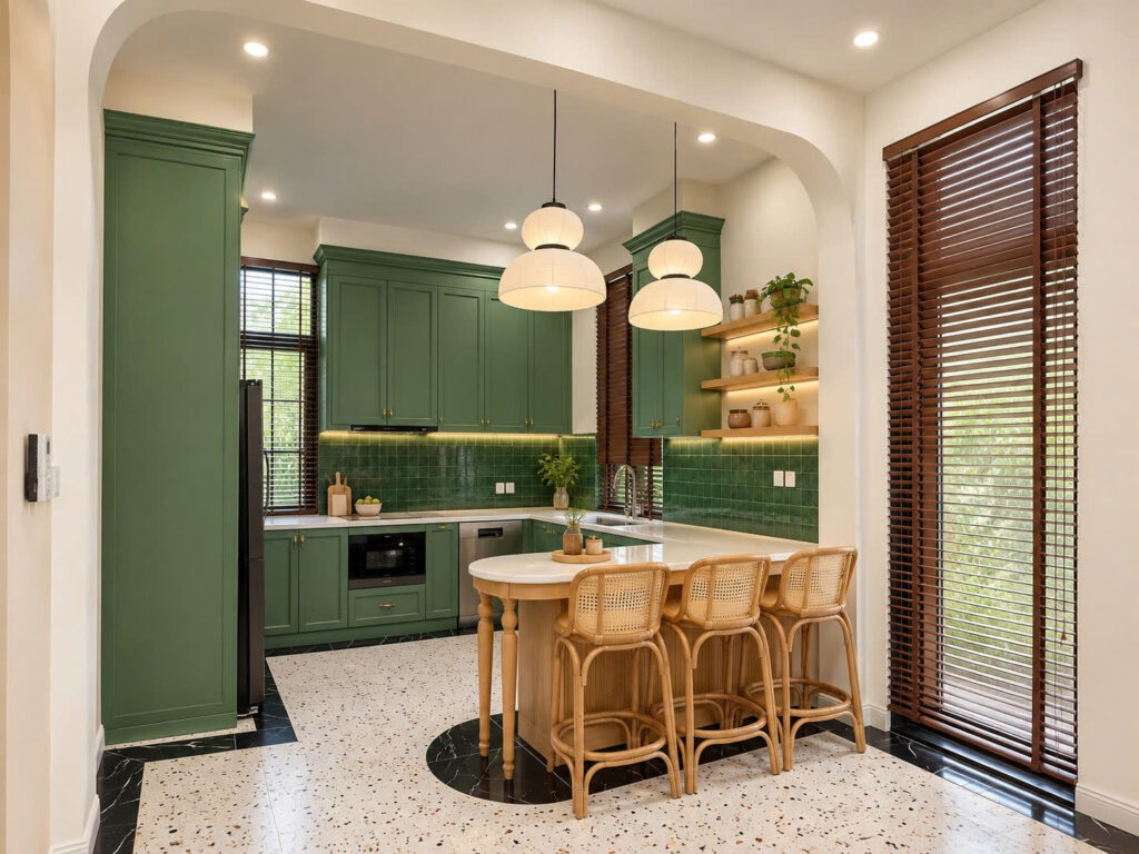 Thiết kế nội thất phòng bếp hiện đại với tủ bếp màu xanh rêu độc đáo và bàn đảo tiện nghi do SMJA Home thực hiện