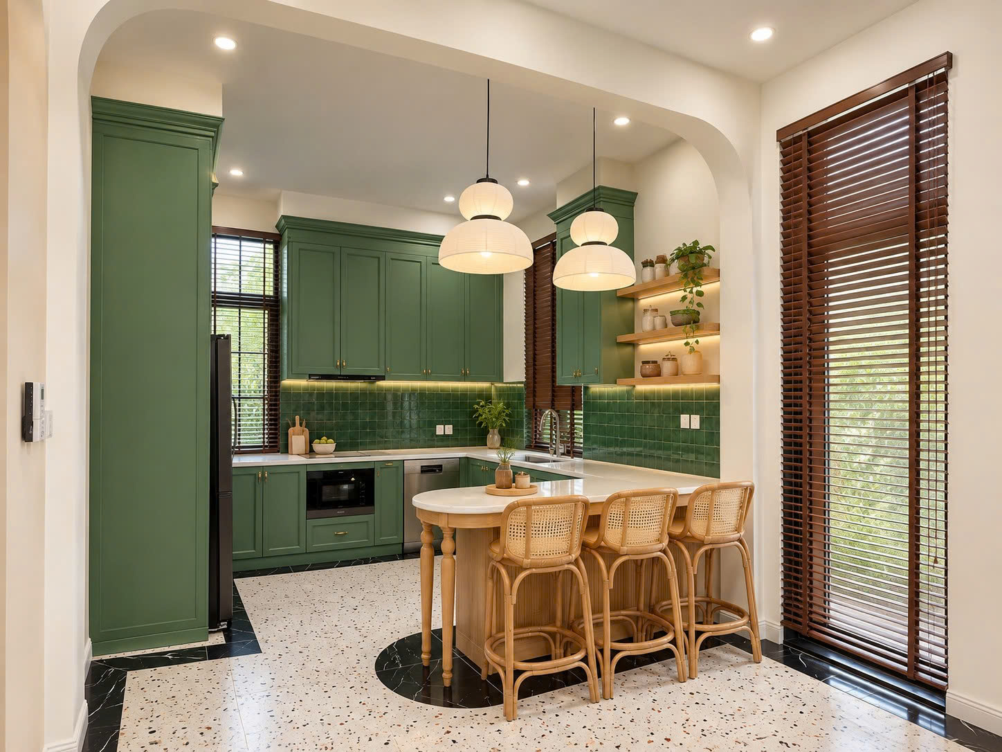 Thiết kế nội thất phòng bếp hiện đại với tủ bếp màu xanh rêu độc đáo và bàn đảo tiện nghi do SMJA Home thực hiện