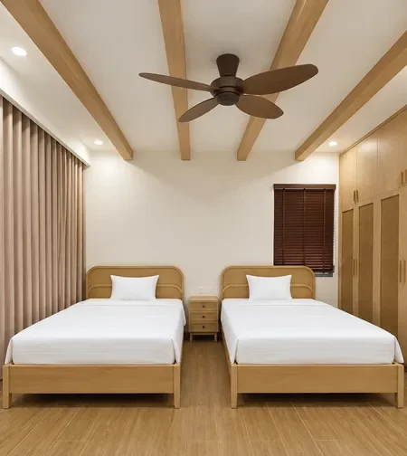 Thiết kế nội thất phòng ngủ đôi hiện đại, ấm cúng với hai giường đơn và tủ gỗ mây đan do SMJA Home thực hiện