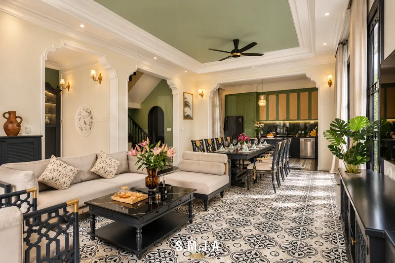Thiết kế nội thất phòng khách kết hợp phòng ăn phong cách Indochine sang trọng của SMJA Home