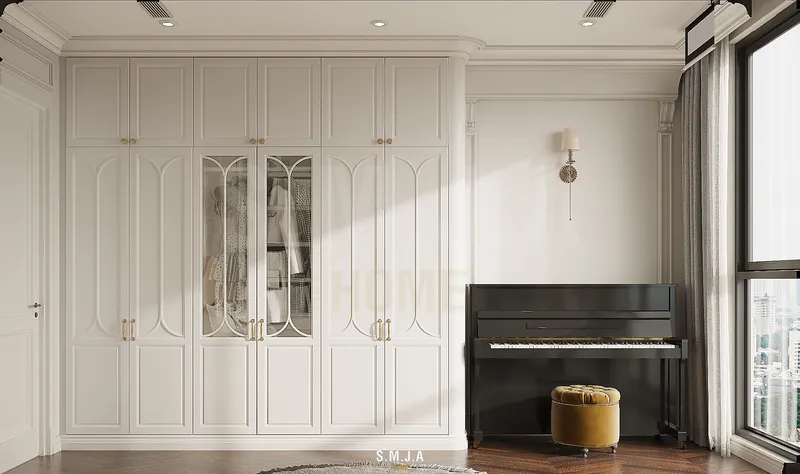 Hệ tủ quần áo âm tường lớn kết hợp đàn piano sang trọng trong phòng ngủ con gái phong cách tân cổ điển.