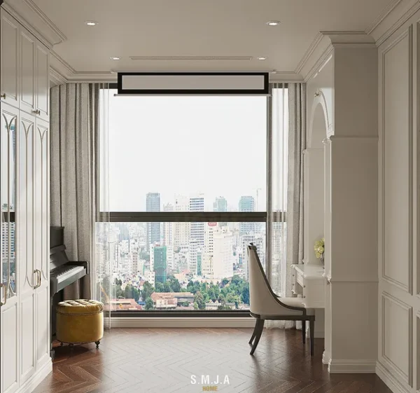 Góc nhìn từ phòng ngủ con gái hướng ra khung cửa sổ lớn ngắm cảnh quan thành phố.