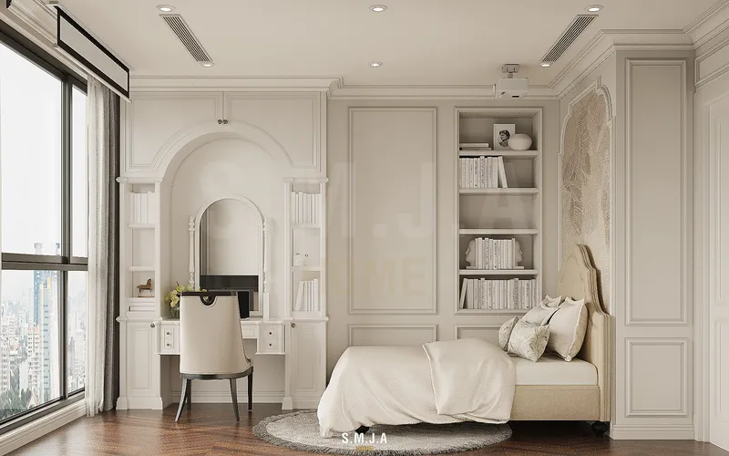 Góc bàn trang điểm và kệ sách âm tường phong cách tân cổ điển trong phòng ngủ con gái