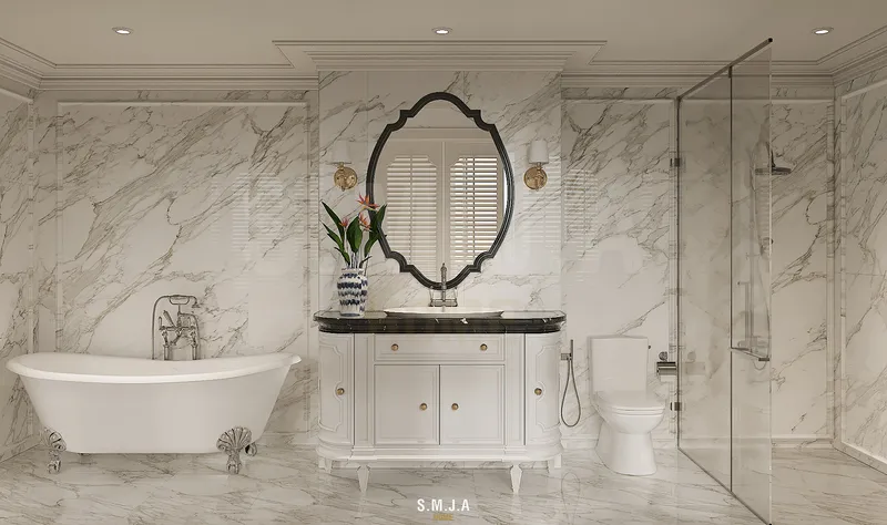 Không gian phòng tắm master phong cách tân cổ điển với bồn tắm chân rồng, tủ lavabo và bồn cầu cao cấp.