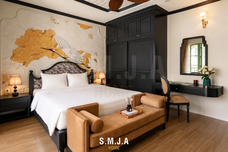 Thiết kế nội thất phòng ngủ 1 phong cách Indochine sang trọng