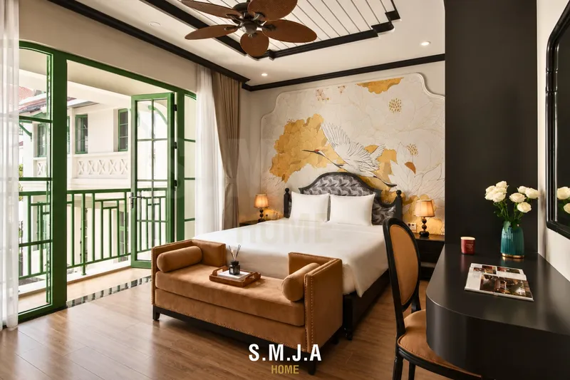 Thiết kế nội thất phòng ngủ 1 phong cách Indochine hướng ban công
