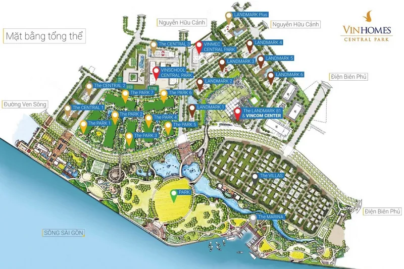 Mặt bằng tổng thể khu đô thị Vinhomes Central Park hiển thị các phân khu, công viên và tiện ích