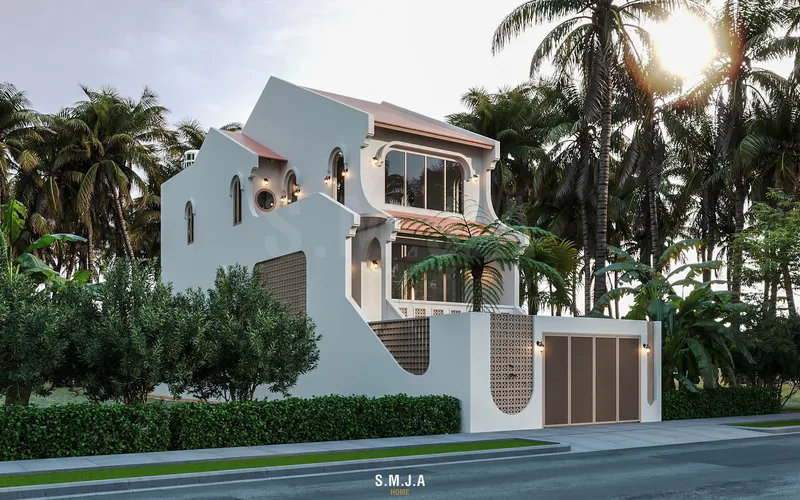 Phối cảnh mặt tiền nhà phố hiện đại thiết kế hệ mái ngói truyền thống