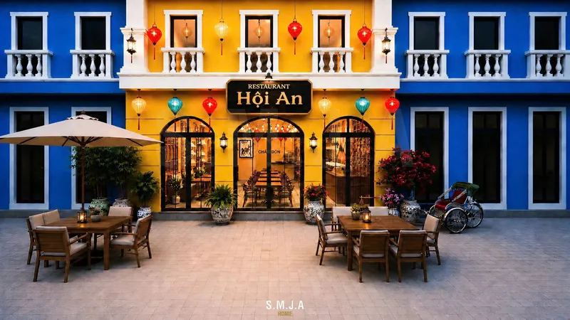 Thiết kế kiến trúc mặt tiền nhà hàng phong cách Hội An tại Sun Tropical Village