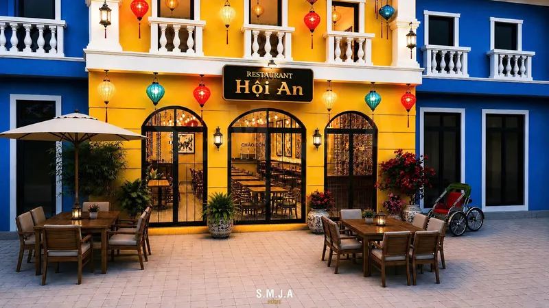 Thiết kế mặt tiền nhà hàng phong cách Hội An tại Sun Tropical Village Phú Quốc