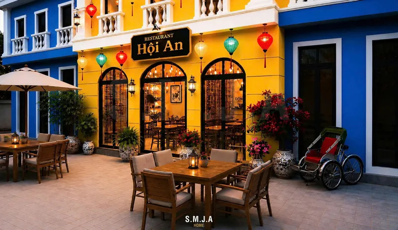 Thiết kế mặt tiền nhà hàng phong cách Hội An tại Sun Tropical Village