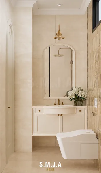 Gương vòm khung bo mềm kết hợp tủ lavabo phào chỉ và đèn thả ánh kim