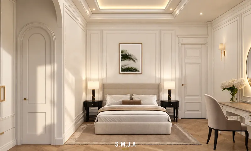 Thiết kế phòng ngủ nhà phố 2 tầng phong cách Tân cổ điển với gam màu trắng kem, hệ phào chỉ và nội thất thanh lịch.