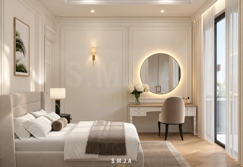 Thiết kế phòng ngủ nhà phố 2 tầng phong cách Tân cổ điển với gam màu trắng kem, hệ phào chỉ và nội thất thanh lịch.