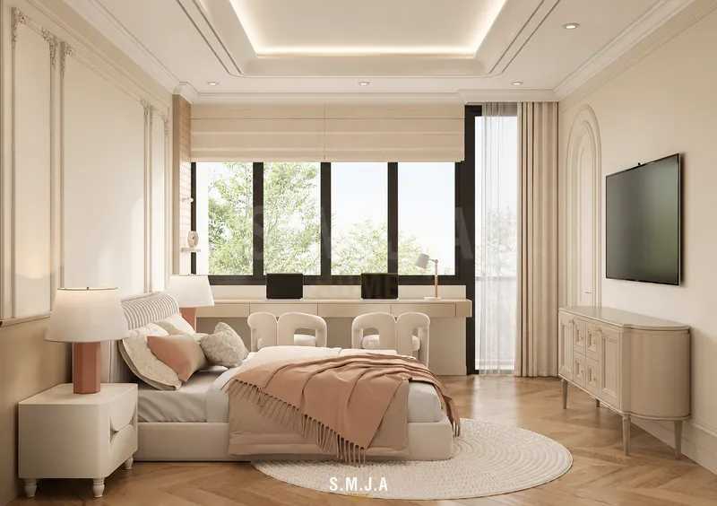Thiết kế phòng ngủ trẻ em trong nhà phố 2 tầng với hệ tủ âm tường, góc học tập và giường ngủ bo cong hiện đại.