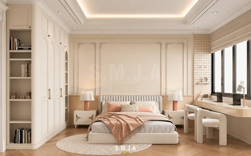 Thiết kế phòng ngủ trẻ em trong nhà phố 2 tầng với hệ tủ âm tường, góc học tập và giường ngủ bo cong hiện đại.