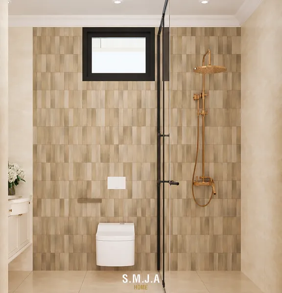 Khu vực tắm phòng tắm nhà phố 2 tầng với gạch thẻ màu be và vách kính khung đen