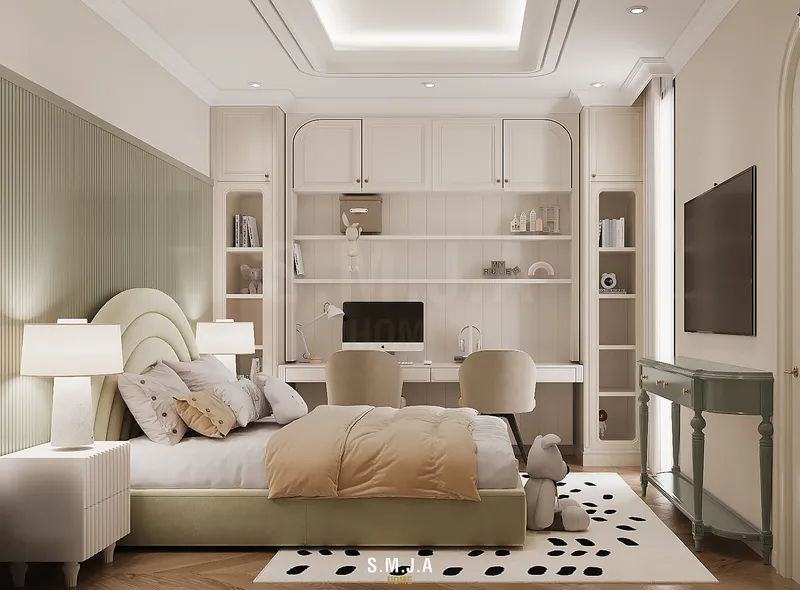 Thiết kế phòng ngủ trẻ em trong nhà phố 2 tầng với hệ tủ âm tường, góc học tập và giường ngủ bo cong hiện đại.