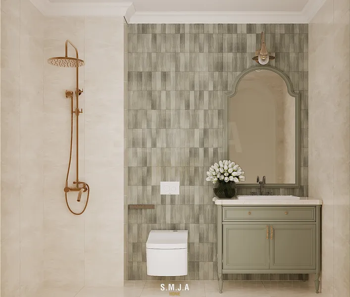 Thiết kế phòng tắm nhà phố 2 tầng với gạch trang trí, gương vòm và tủ lavabo